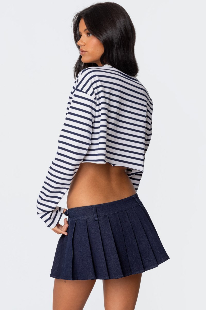 Edikted Stripey Cropped Long Sleeve T Shirt Crop Tops Navy And White | USA JA326232M7