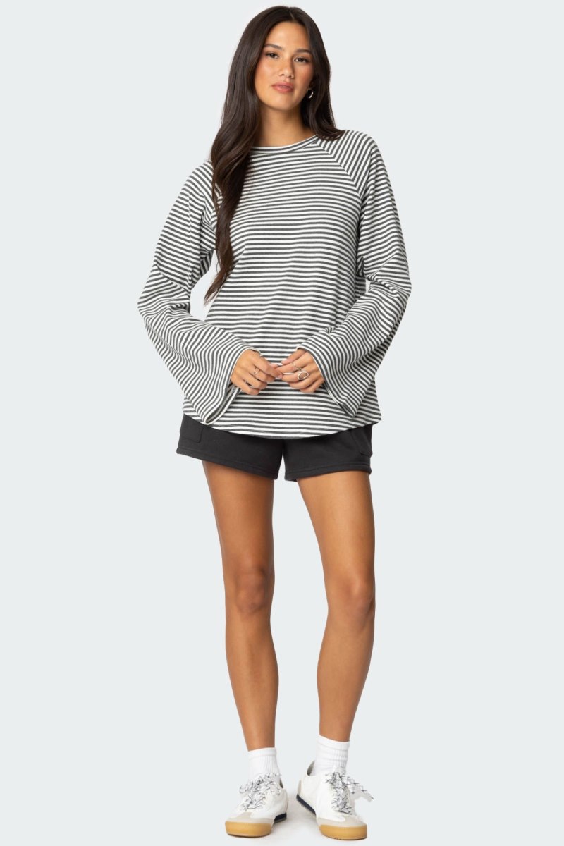 Edikted Stripey Oversized Bell Sleeve Long Sleeve Tops Gray Melange | USA DA541774I9