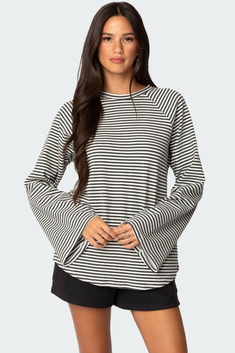 Edikted Stripey Oversized Bell Sleeve Long Sleeve Tops Gray Melange | USA DA541774I9