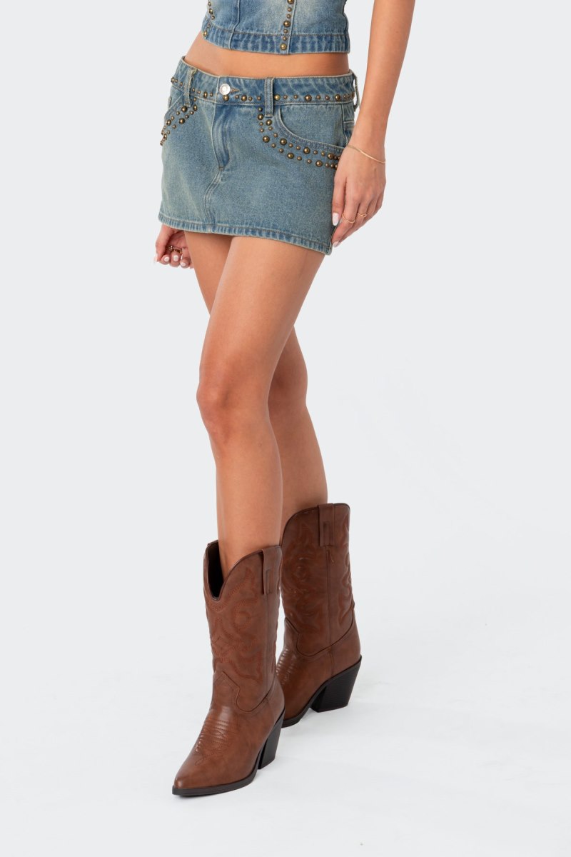 Edikted Studded Low Rise Washed Denim Mini Skirts Blue | USA IF860646T3