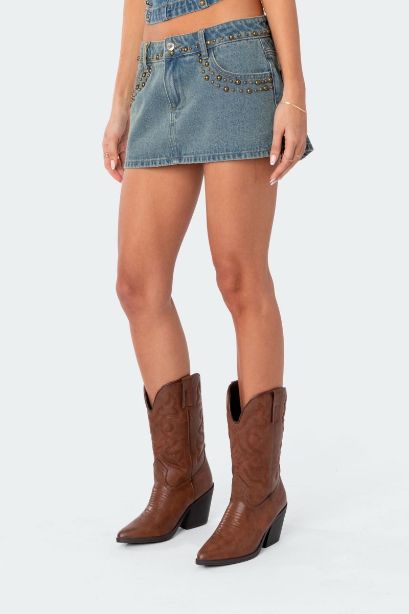 Edikted Studded Low Rise Washed Denim Mini Skirts Blue | USA IF860646T3