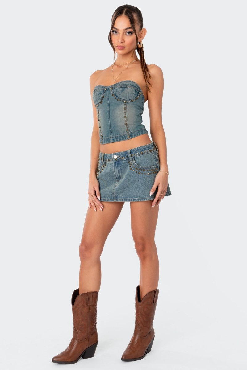 Edikted Studded Low Rise Washed Denim Mini Skirts Blue | USA IF860646T3