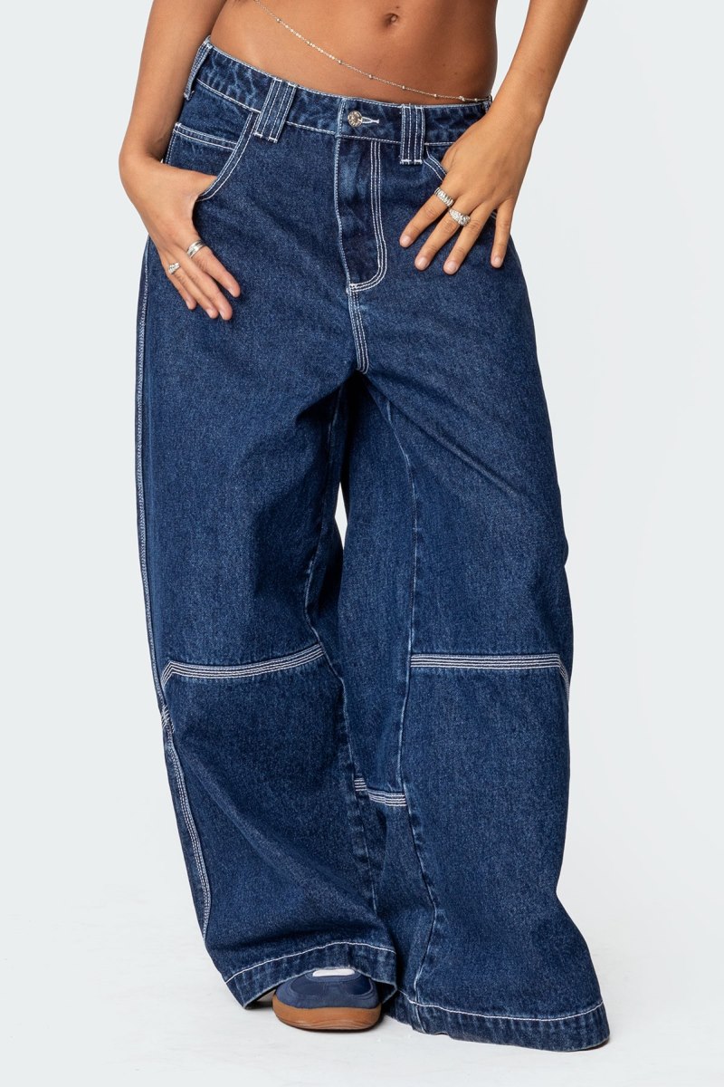 Edikted Super Wide Contrast Stitch Low Rise Jeans Dark Blue | USA QK666336H5