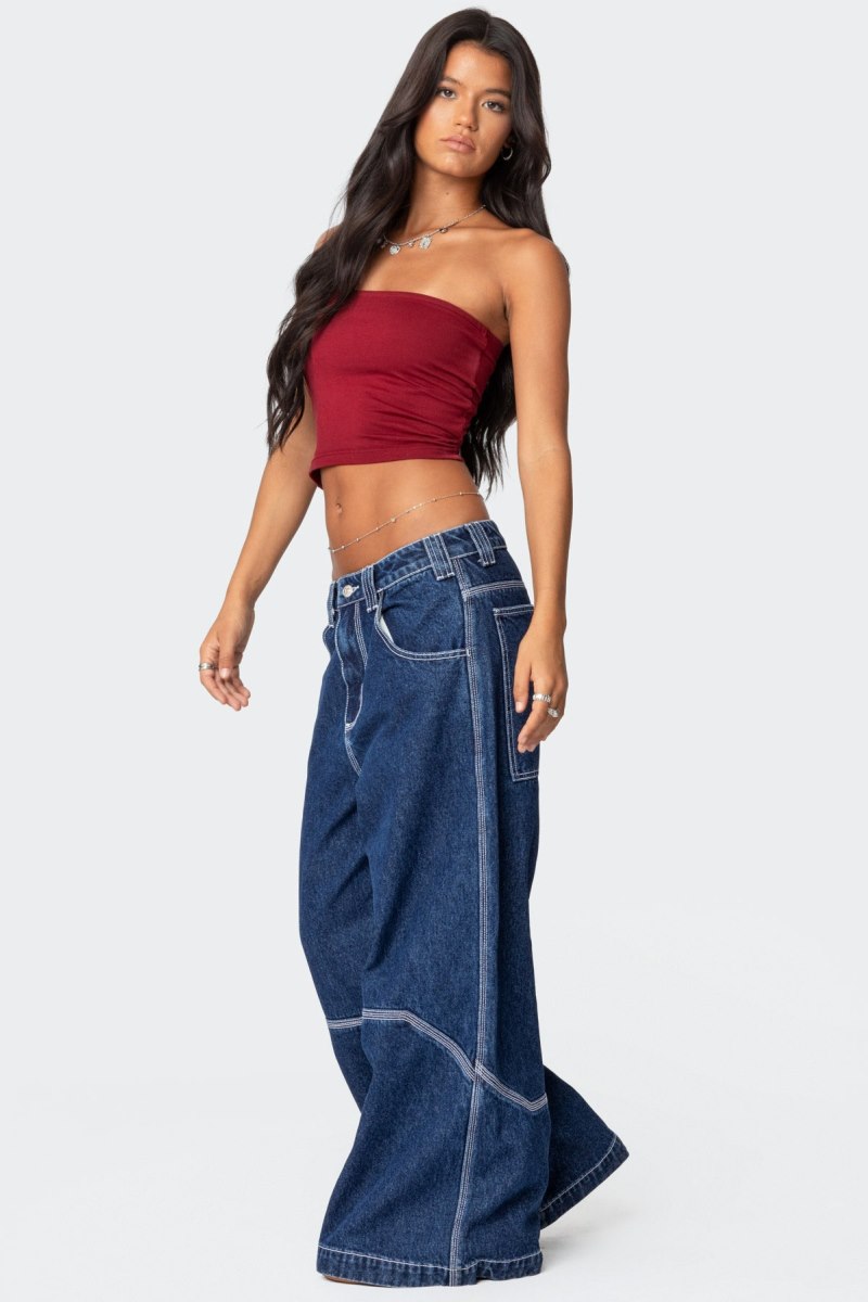 Edikted Super Wide Contrast Stitch Low Rise Jeans Dark Blue | USA QK666336H5
