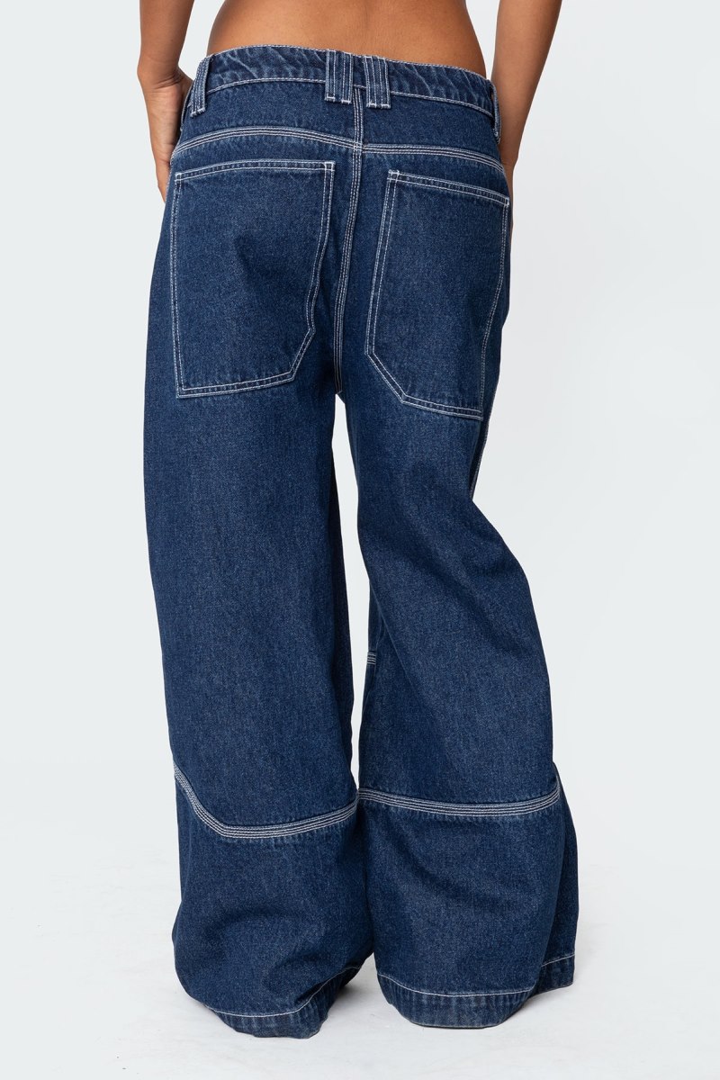 Edikted Super Wide Contrast Stitch Low Rise Jeans Dark Blue | USA QK666336H5