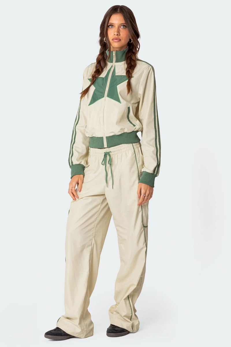 Edikted Superstar Nylon Track Pants Off White And Olive | USA SV332403A3