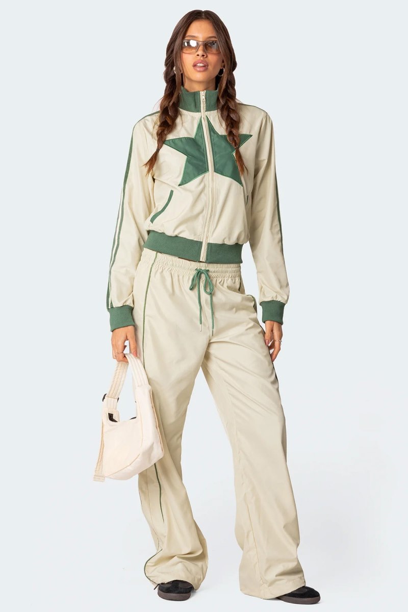 Edikted Superstar Nylon Track Pants Off White And Olive | USA SV332403A3