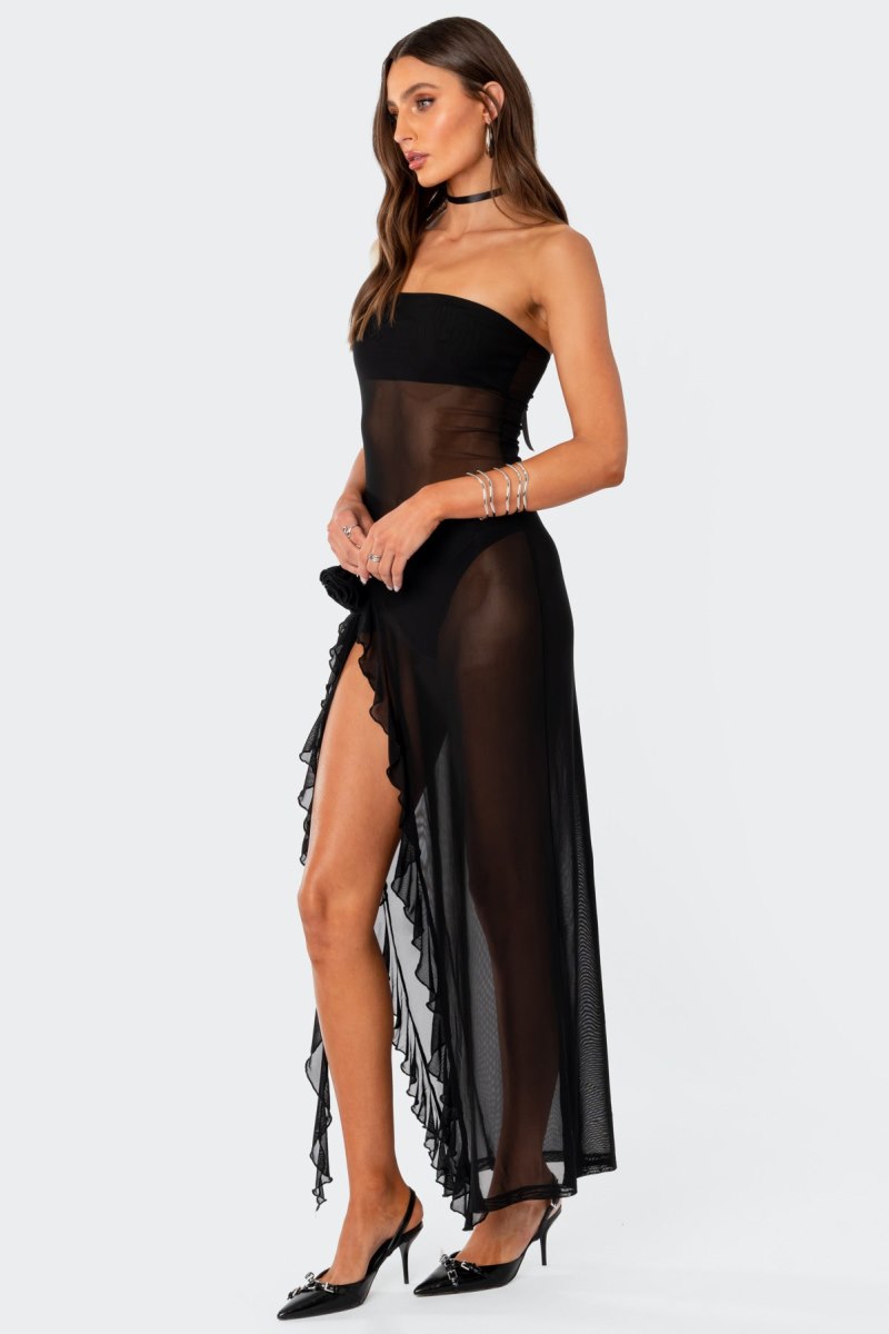 Edikted Suri Sheer Mesh Flower Pin Maxi Dress Maxi Dress Black | USA TC791859U2