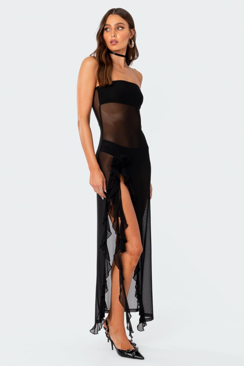 Edikted Suri Sheer Mesh Flower Pin Maxi Dress Maxi Dress Black | USA TC791859U2