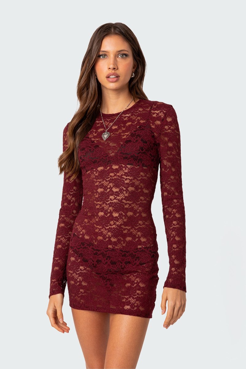 Edikted Surreal Sheer Lace Mini Long Sleeve Dress Burgundy | USA YW652875X6