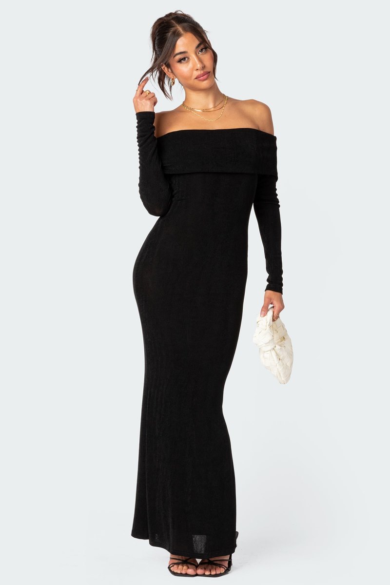 Edikted Susan Fold Over Maxi Dress LBD Black | USA KW800940R6