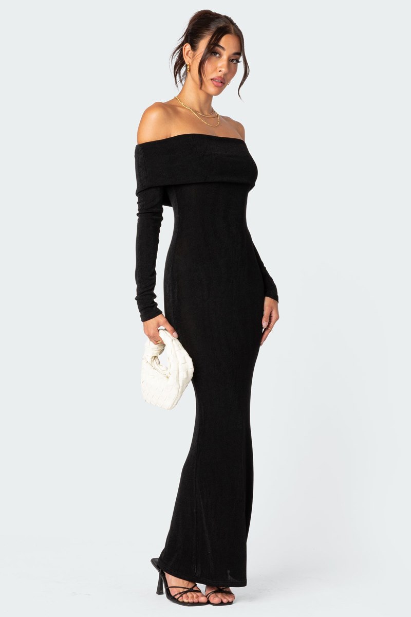 Edikted Susan Fold Over Maxi Long Sleeve Dress Black | USA VQ585668L0