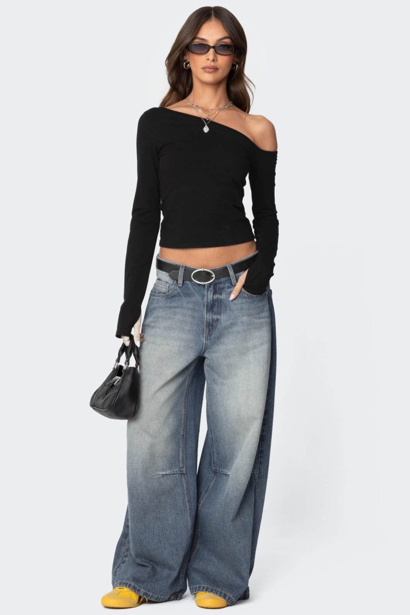 Edikted Swan Asymmetric Long Sleeve Tops Black | USA XY179407U4