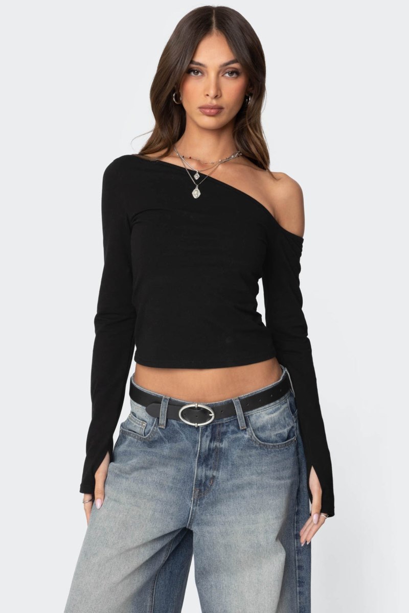 Edikted Swan Asymmetric Long Sleeve Tops Black | USA XY179407U4