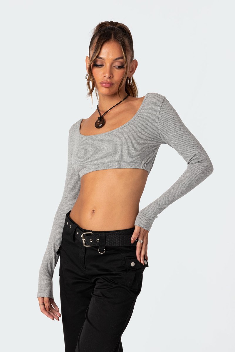 Edikted Sydney Ribbed Open Back Crop Long Sleeve Tops Black | USA DL131623S6