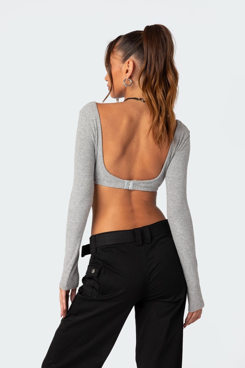 Edikted Sydney Ribbed Open Back Crop Long Sleeve Tops Black | USA DL131623S6