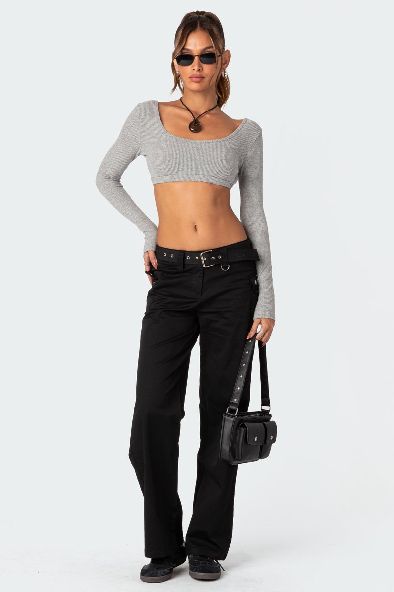Edikted Sydney Ribbed Open Back Crop Long Sleeve Tops Black | USA DL131623S6