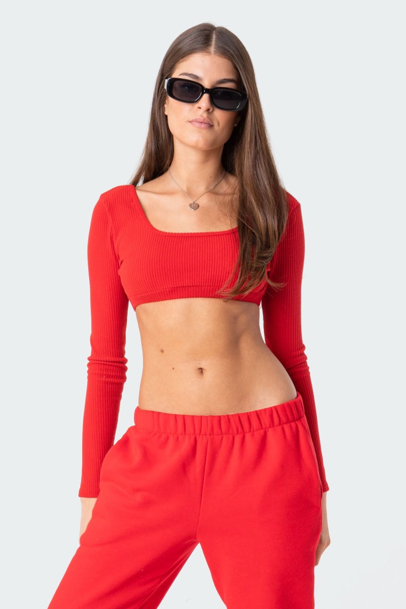 Edikted Sydney Ribbed Open Back Crop Long Sleeve Tops Black | USA DM407550G3