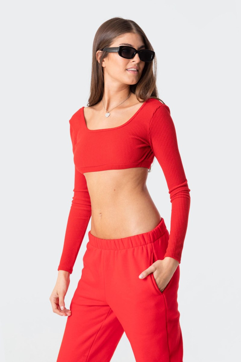 Edikted Sydney Ribbed Open Back Crop Long Sleeve Tops Black | USA DM407550G3