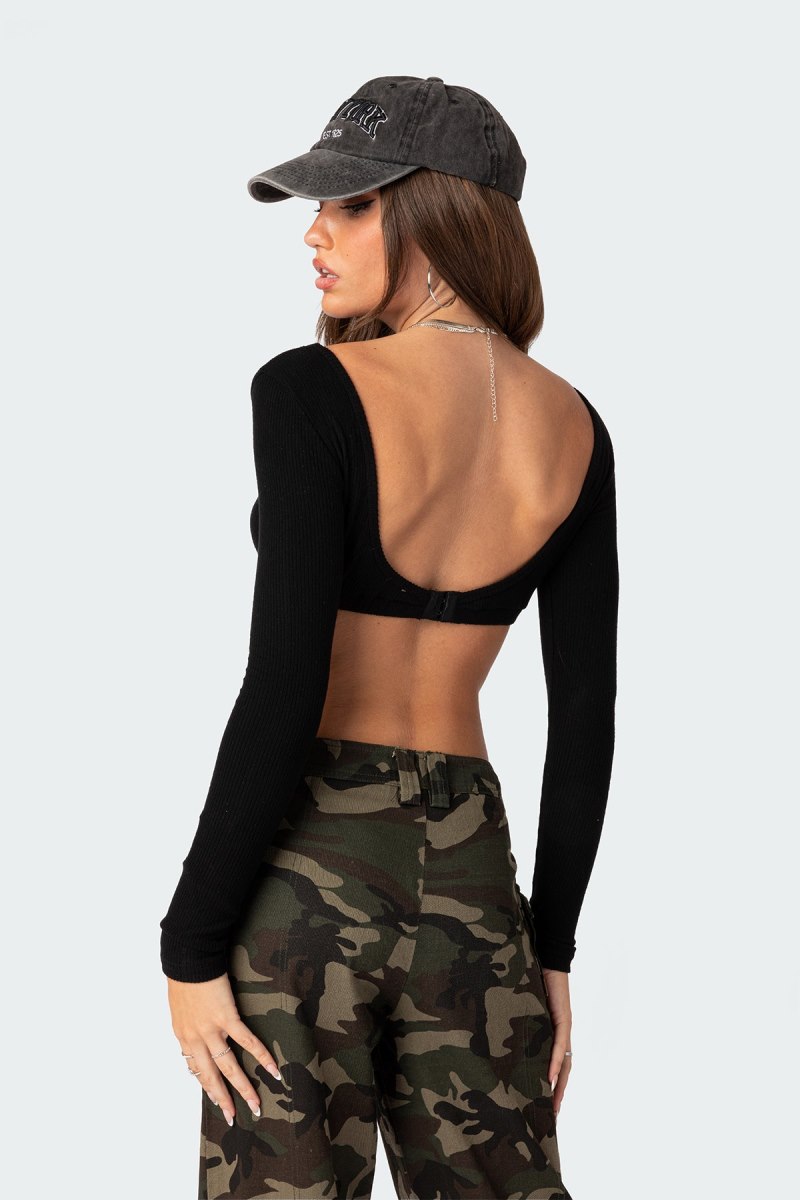 Edikted Sydney Ribbed Open Back Crop Tops Black | USA RJ173277N0