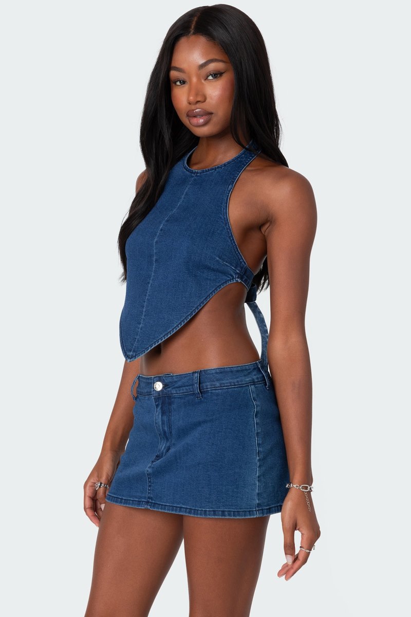 Edikted Sydnie Denim Open Back Crop Tops Dark Blue | USA NQ438593H4
