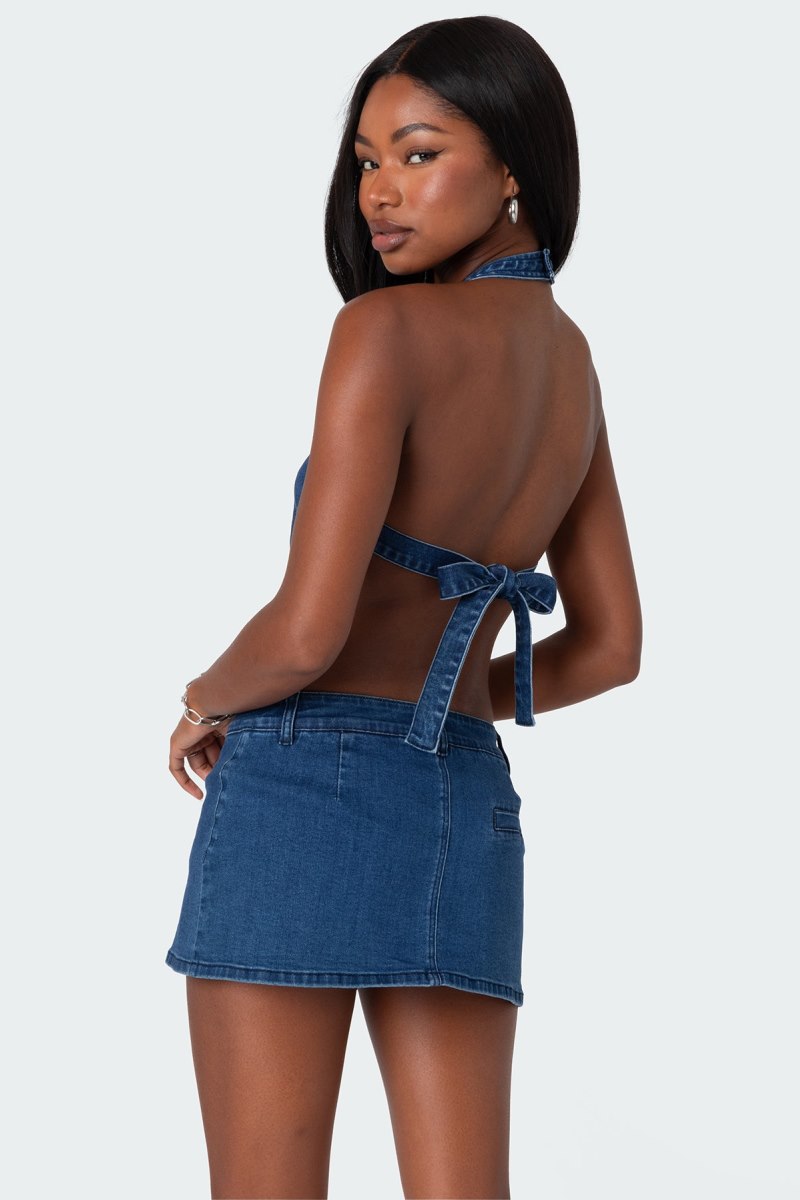 Edikted Sydnie Denim Open Back Crop Tops Dark Blue | USA NQ438593H4