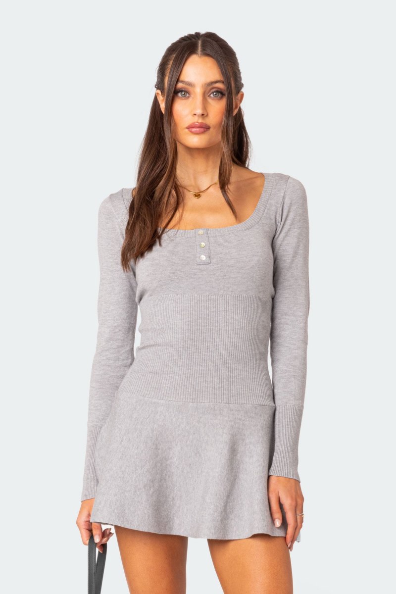 Edikted Sylver Knit Mini Long Sleeve Dress Gray Melange | USA UF133813V2