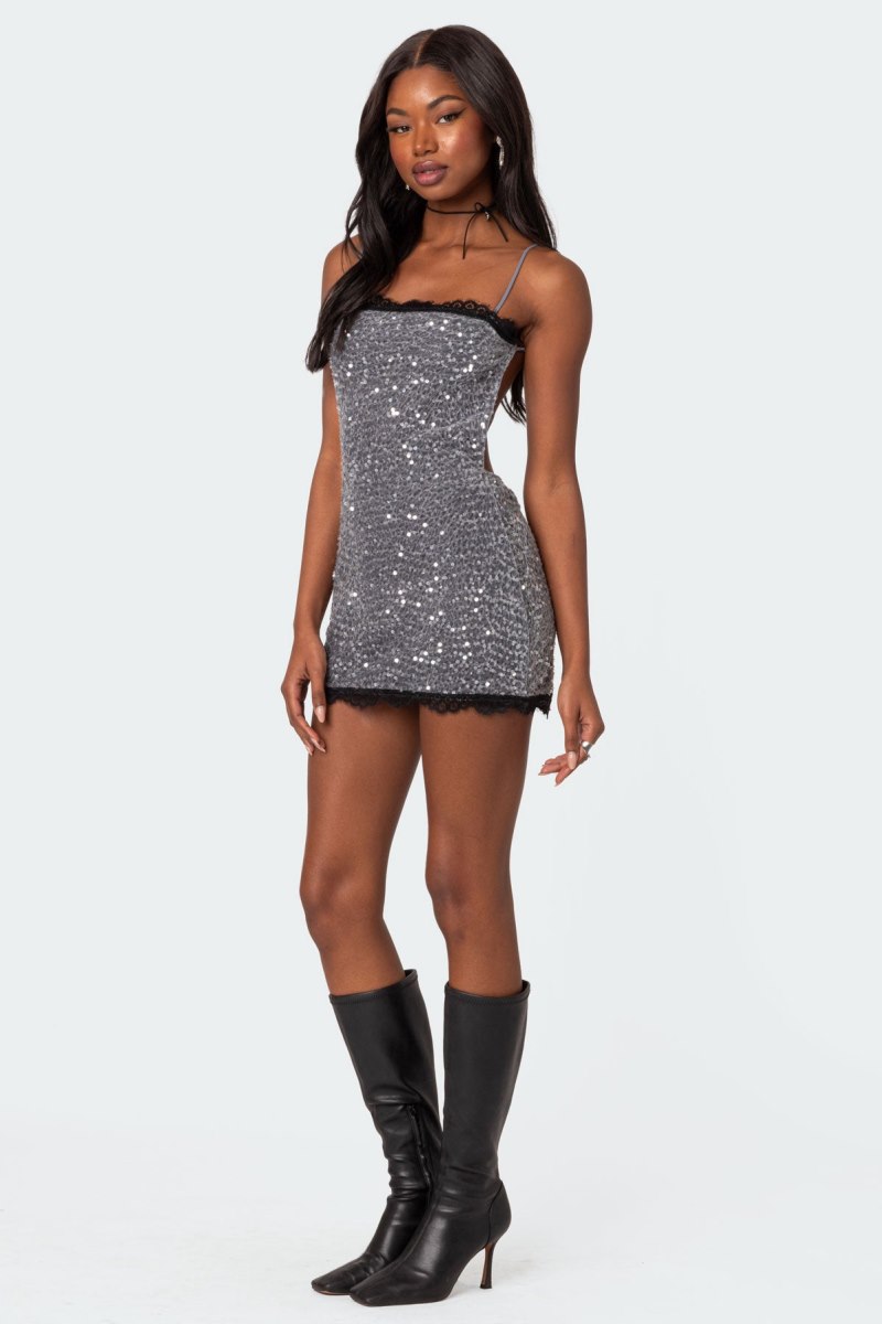 Edikted Sylvester Open Back Sequin Mini Dress Silver | USA IB726522E6