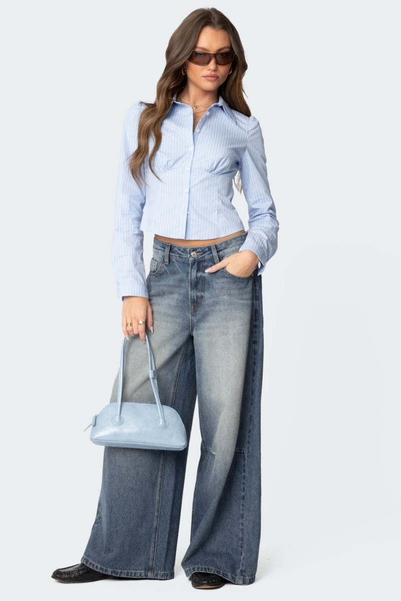 Edikted Tailored Pinstripe Button Up Shirt Long Sleeve Tops Light Blue | USA IN950905O5