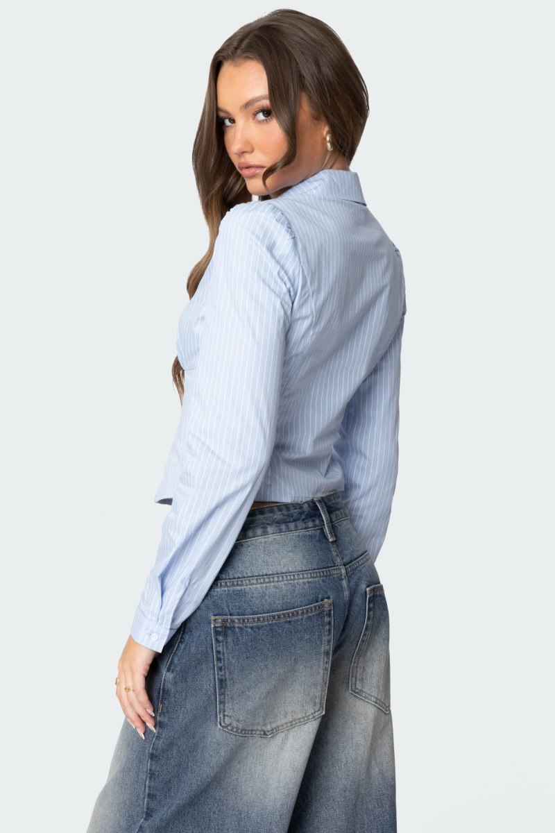 Edikted Tailored Pinstripe Button Up Shirt Long Sleeve Tops Light Blue | USA IN950905O5