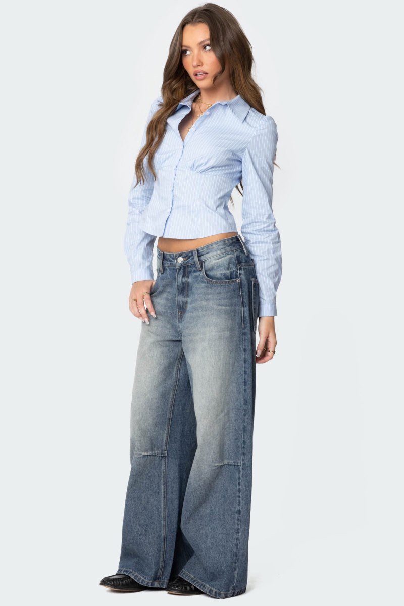 Edikted Tailored Pinstripe Button Up Shirt Long Sleeve Tops Light Blue | USA IN950905O5