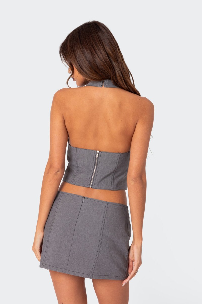 Edikted Take A Bow Halter Crop Tops Gray | USA ZJ540544L3