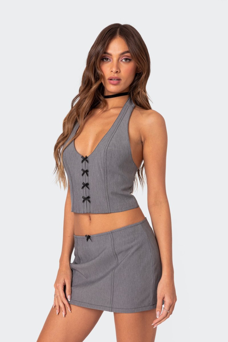 Edikted Take A Bow Halter Crop Tops Gray | USA ZJ540544L3