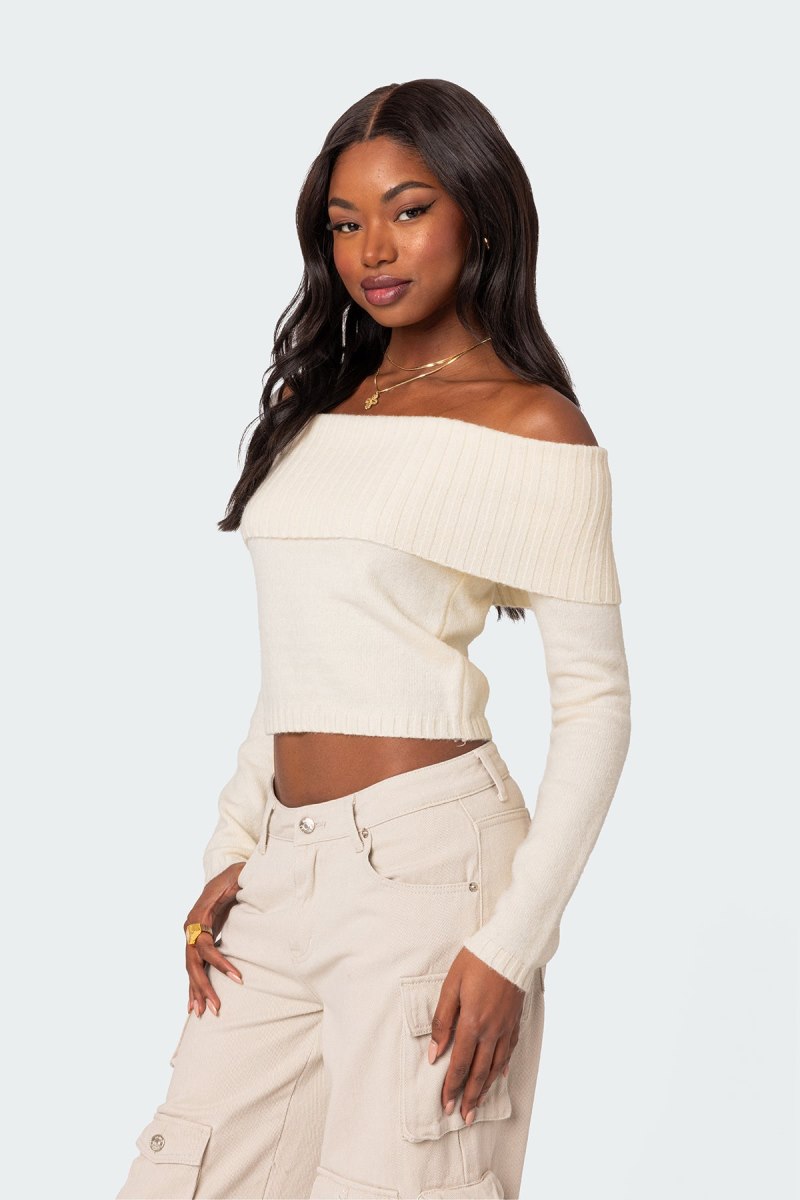 Edikted Tamara Fold Over Knit Long Sleeve Tops Black | USA HK248114E0