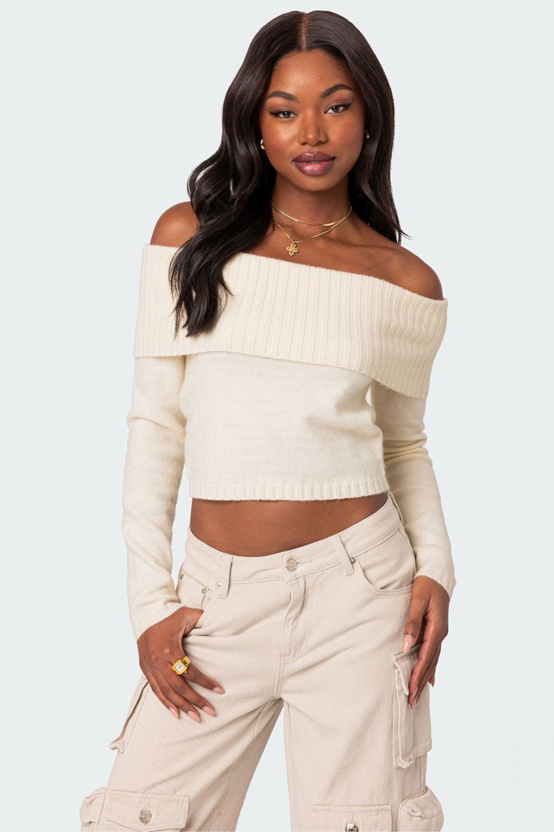 Edikted Tamara Fold Over Knit Long Sleeve Tops Black | USA HK248114E0