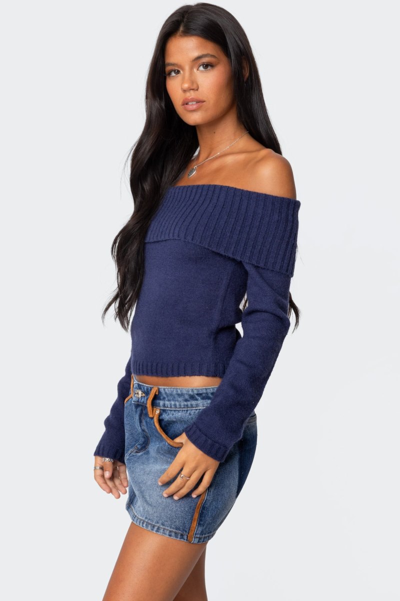 Edikted Tamara Fold Over Knit Long Sleeve Tops Black | USA ZN871977E7