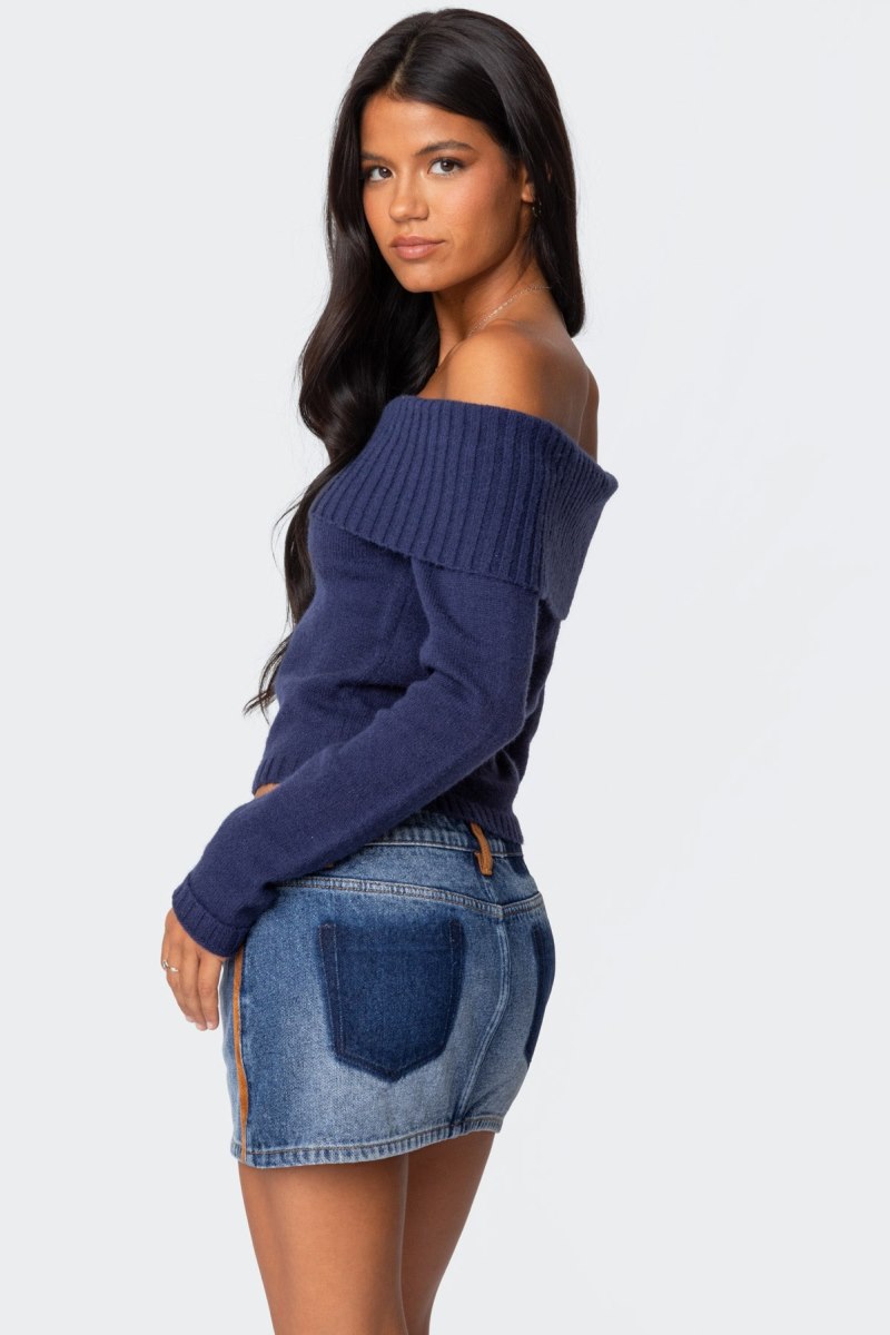 Edikted Tamara Fold Over Knit Long Sleeve Tops Black | USA ZN871977E7