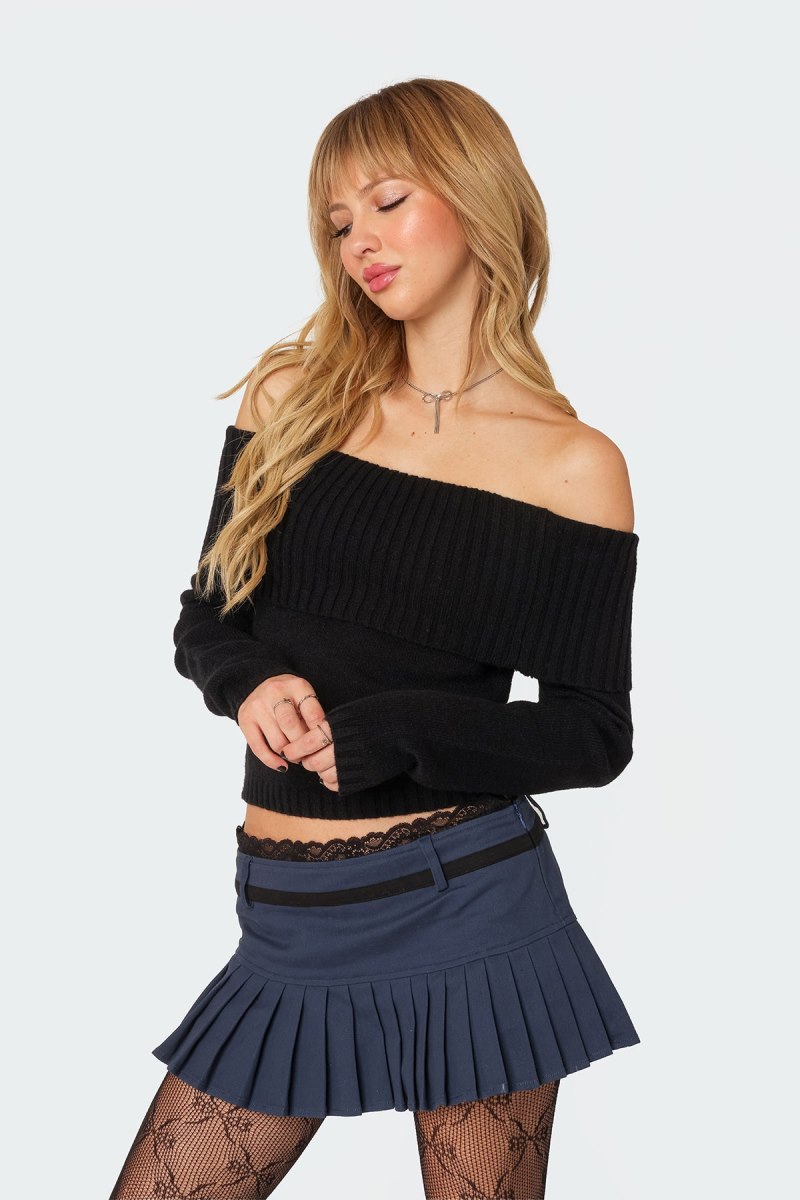Edikted Tamara Fold Over Knit Long Sleeve Tops Black | USA XO096199I2