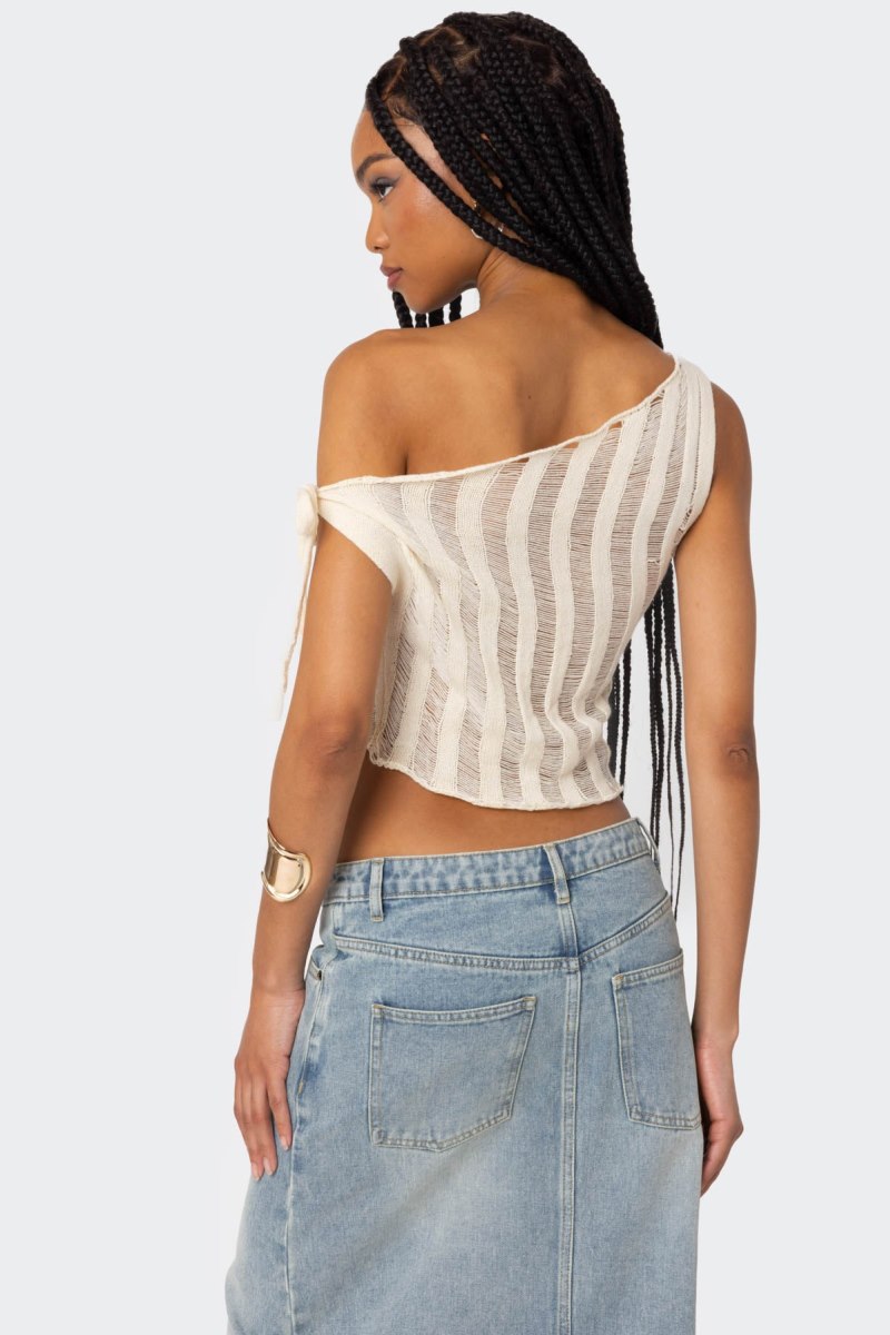 Edikted Tamra Sheer Asymmetric Knitted Tops Cream | USA AC007440W2