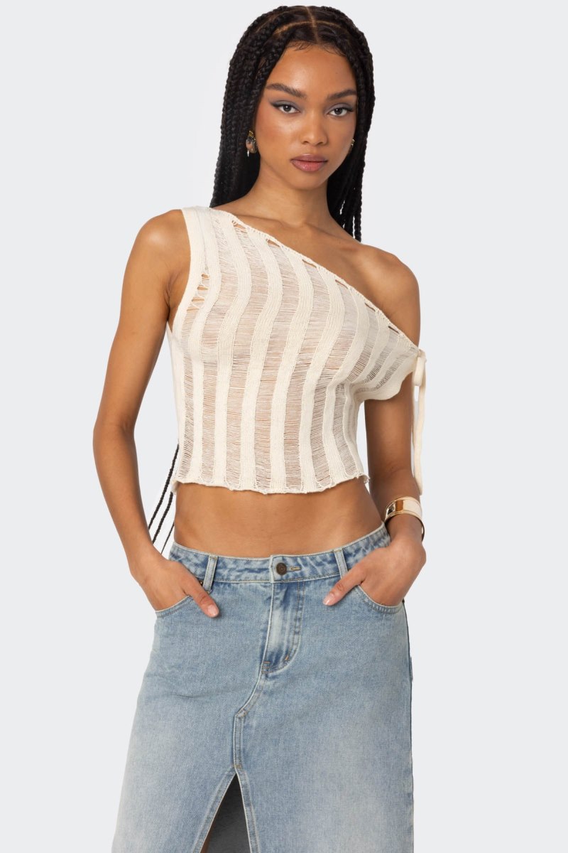 Edikted Tamra Sheer Asymmetric Knitted Tops Cream | USA AC007440W2