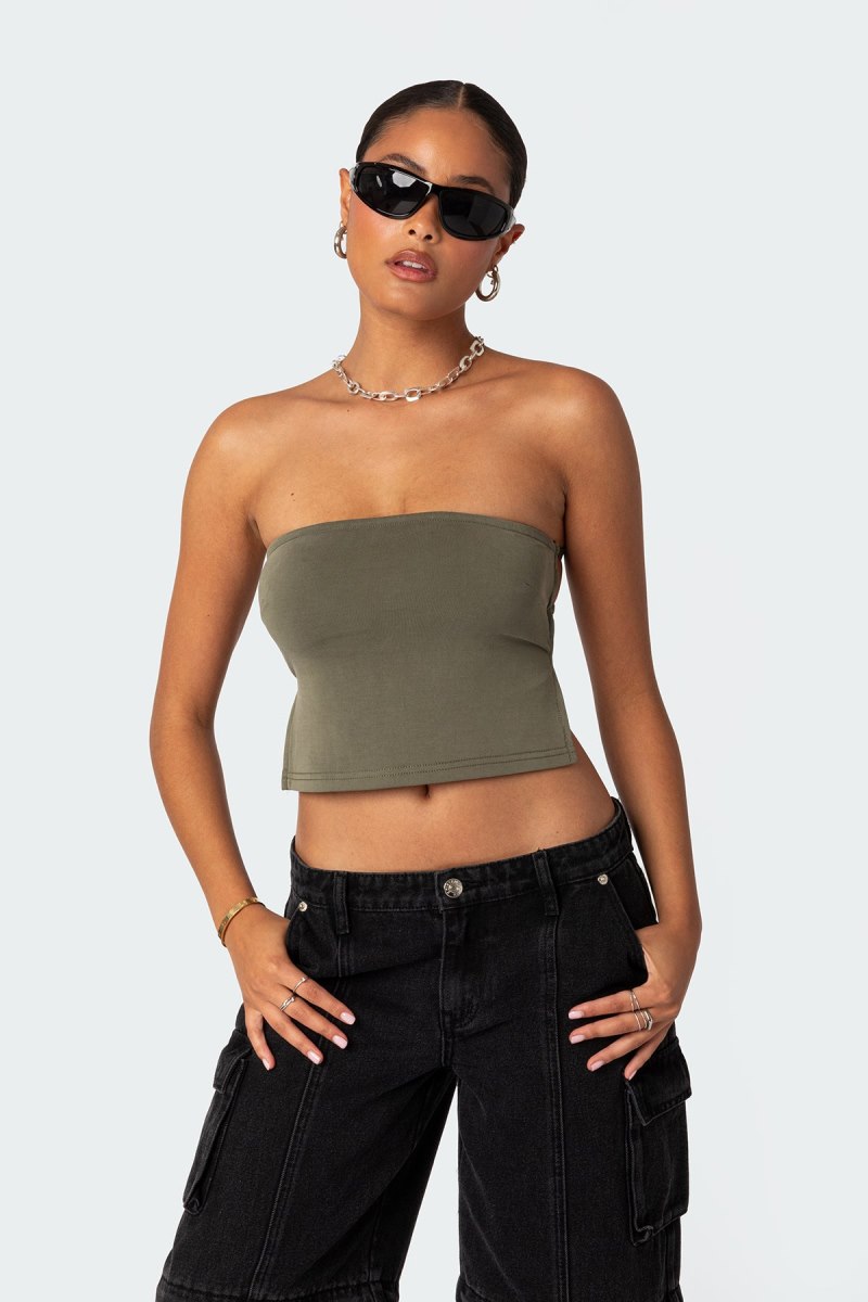 Edikted Tao Open Back Tube Strapless Tops Olive | USA DY762316T9