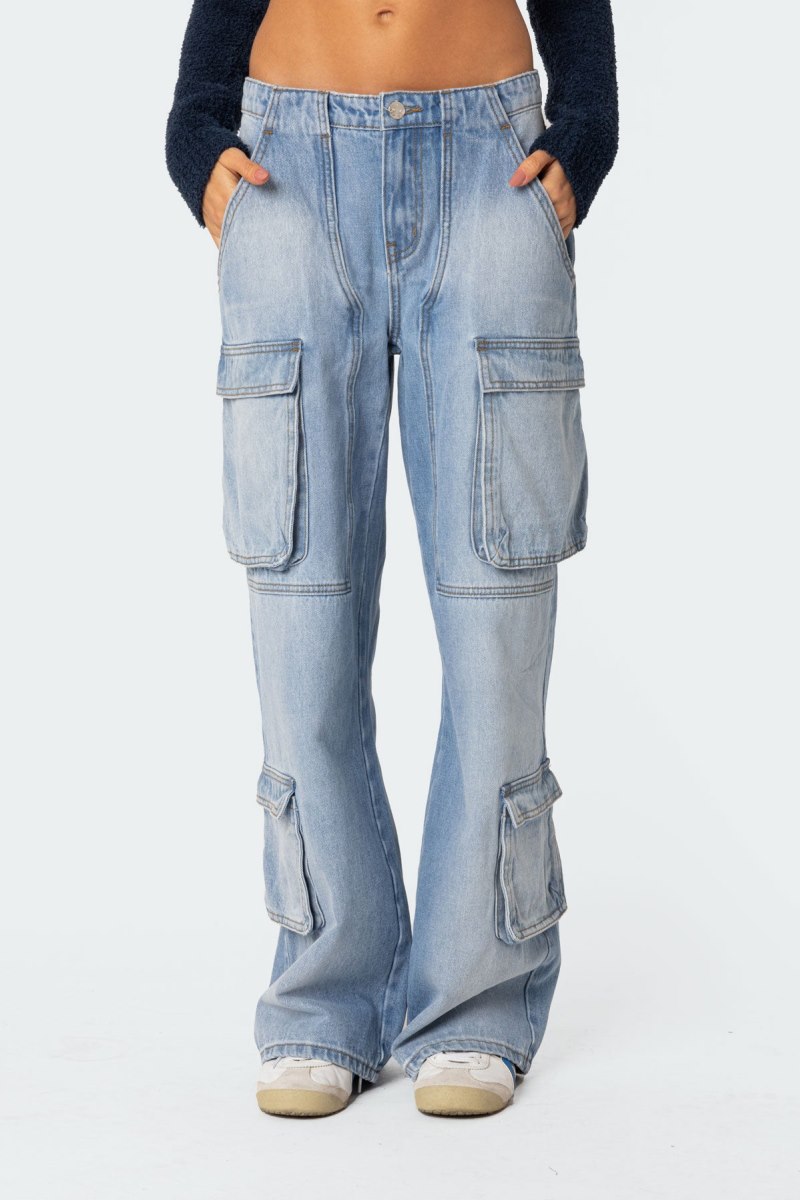 Edikted Tara Low Rise Denim Cargo Jeans Blue Washed | USA BP327732D4