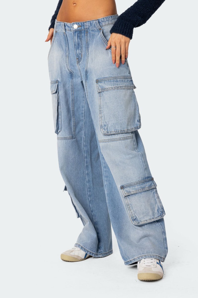Edikted Tara Low Rise Denim Cargo Jeans Blue Washed | USA BP327732D4