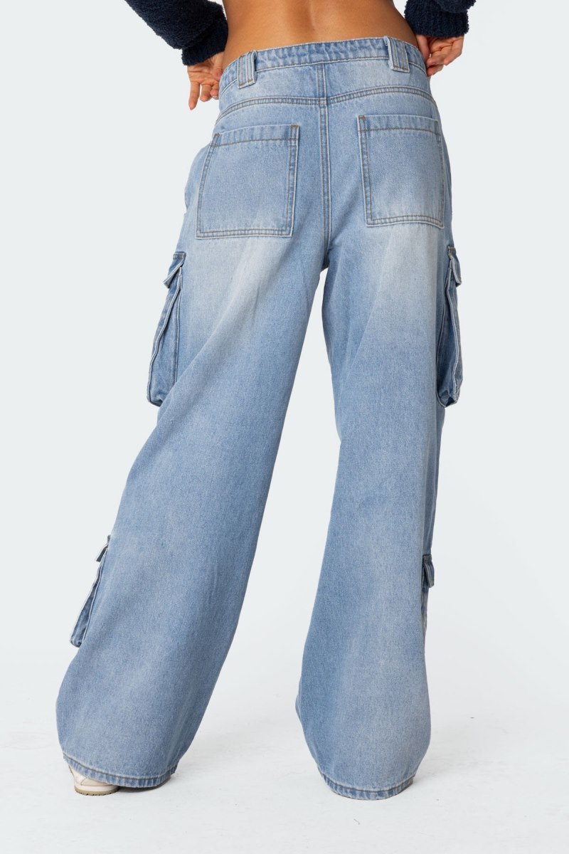 Edikted Tara Low Rise Denim Cargo Jeans Blue Washed | USA BP327732D4