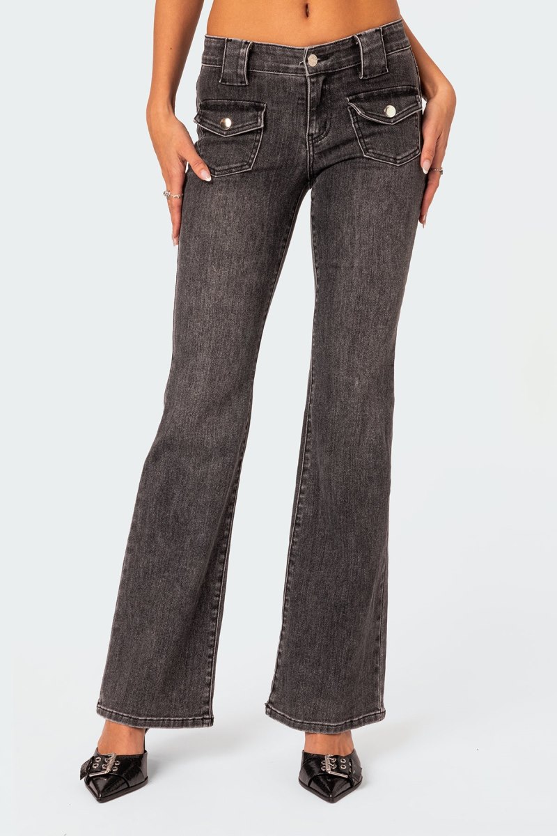 Edikted Tatum Washed Low Rise Flare Jeans Dark Gray | USA PI963476Z2