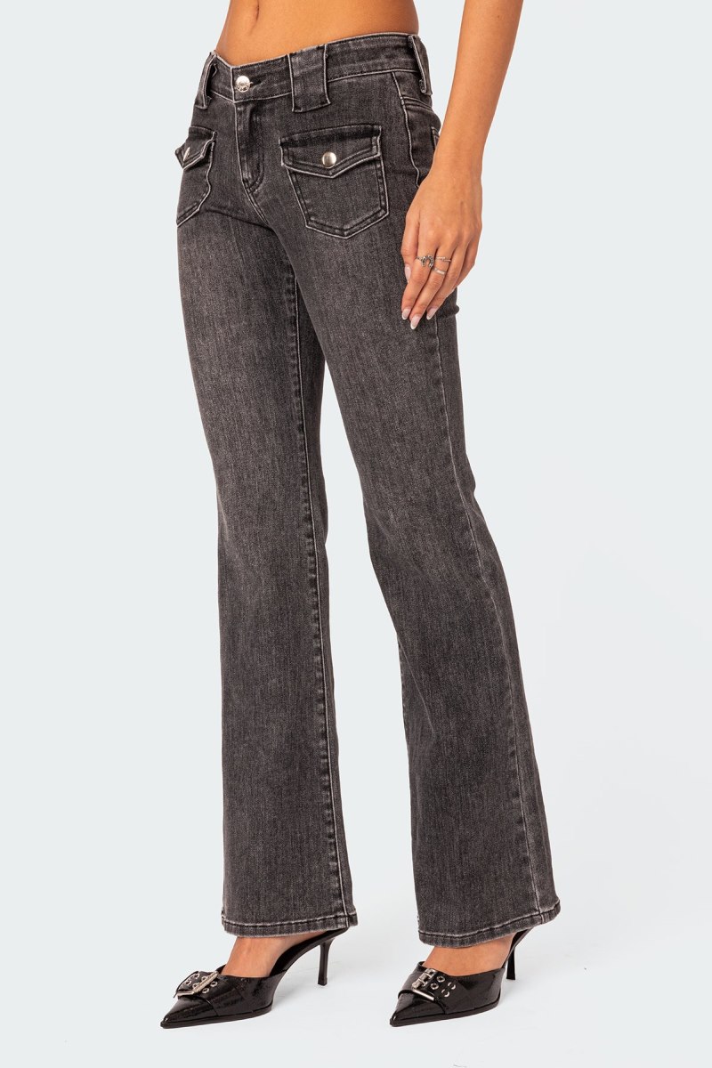 Edikted Tatum Washed Low Rise Flare Jeans Dark Gray | USA PI963476Z2
