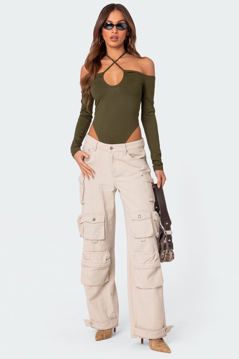 Edikted Taurus Plunge Neck Bodysuit Long Sleeve Tops Olive | USA SW413141T3