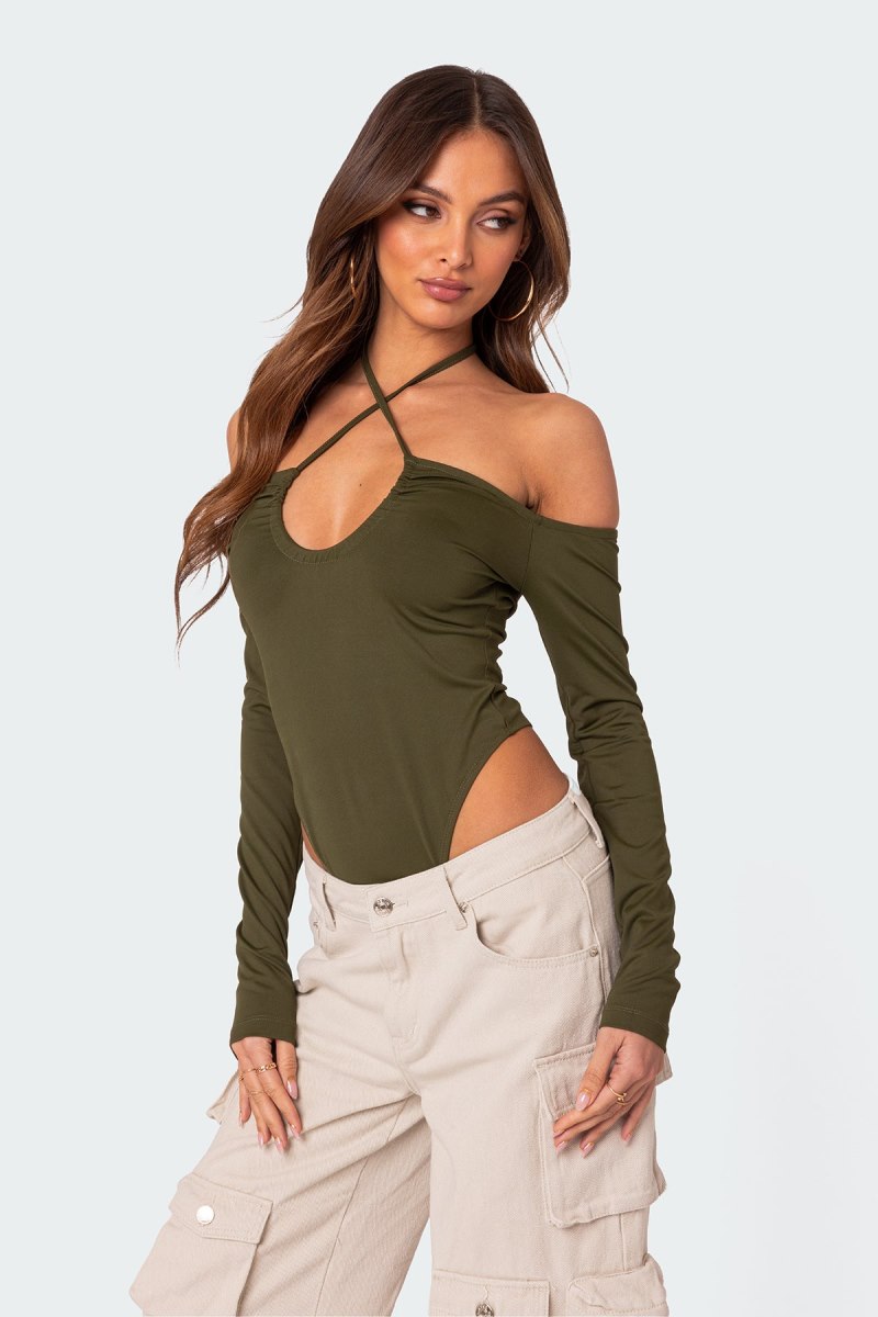 Edikted Taurus Plunge Neck Bodysuit Long Sleeve Tops Olive | USA SW413141T3
