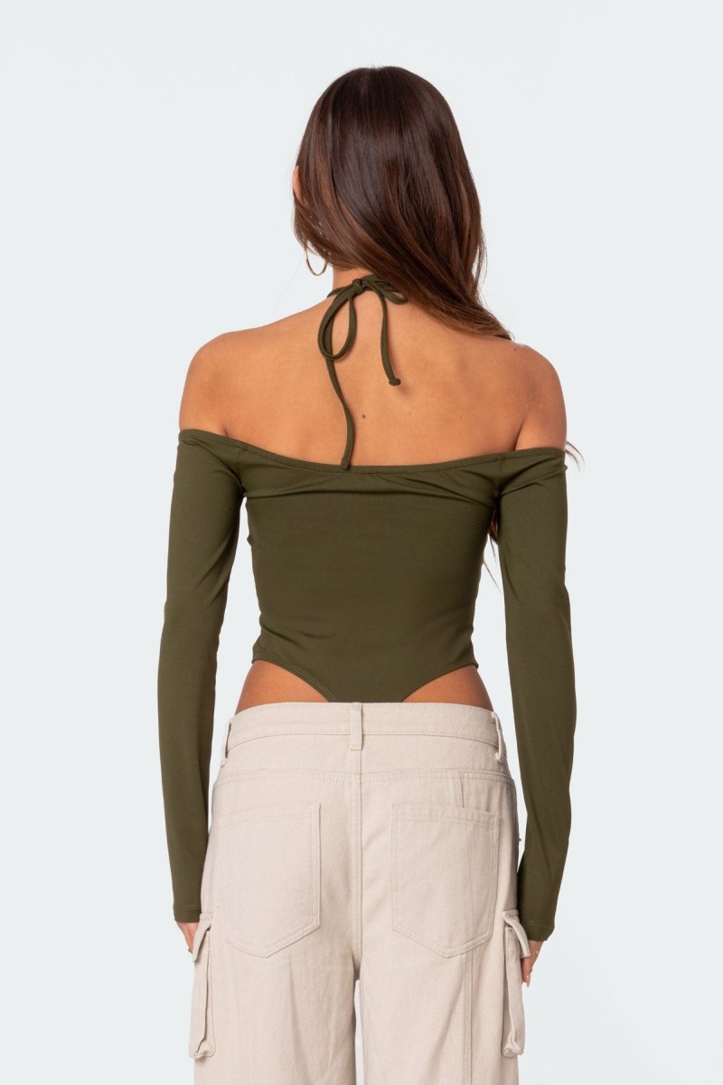 Edikted Taurus Plunge Neck Bodysuit Long Sleeve Tops Olive | USA SW413141T3