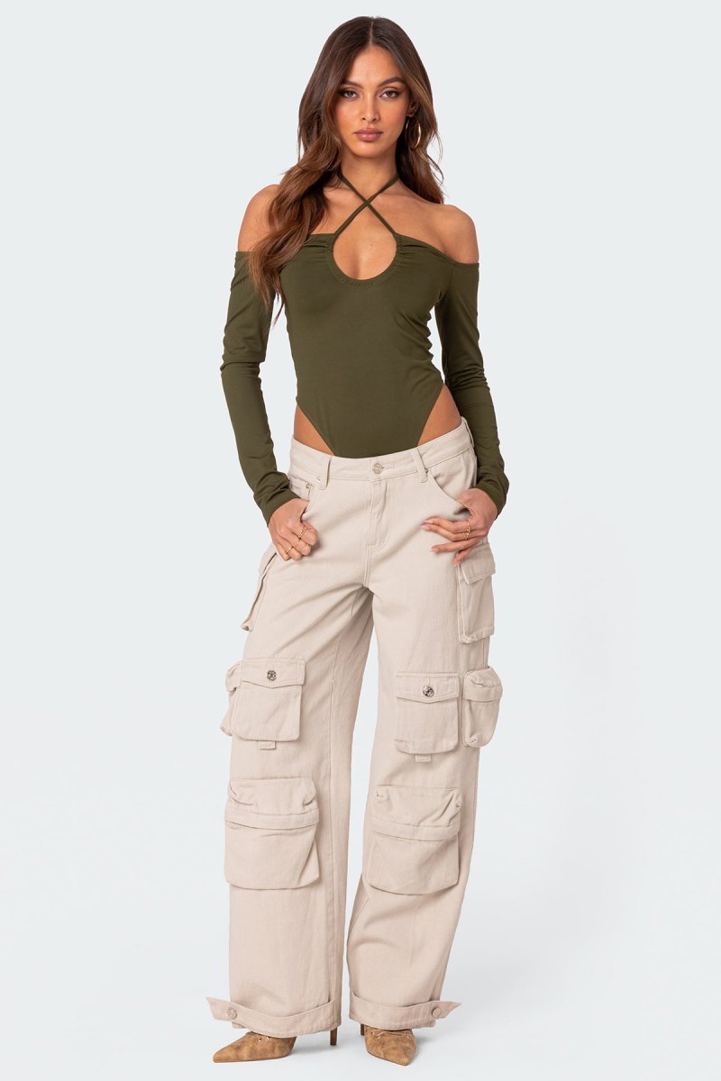 Edikted Taurus Plunge Neck Bodysuit Long Sleeve Tops Olive | USA SW413141T3